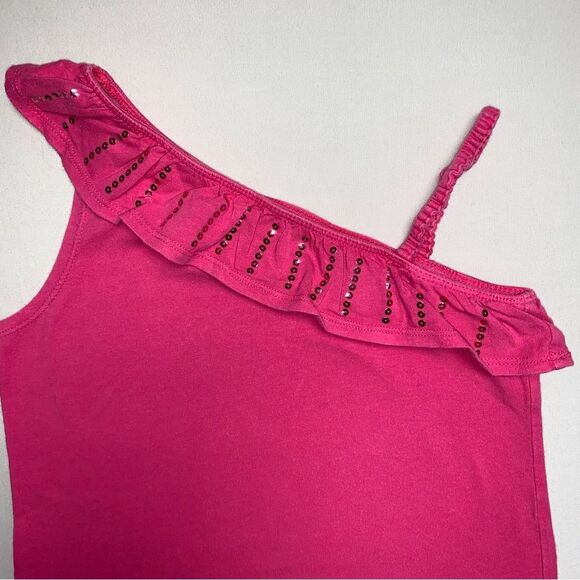 Pink Sequin Tank Top One Shoulder Girl’s 6 Ruffle Fuchsia Fall School Play Fun - Picture 2 of 7